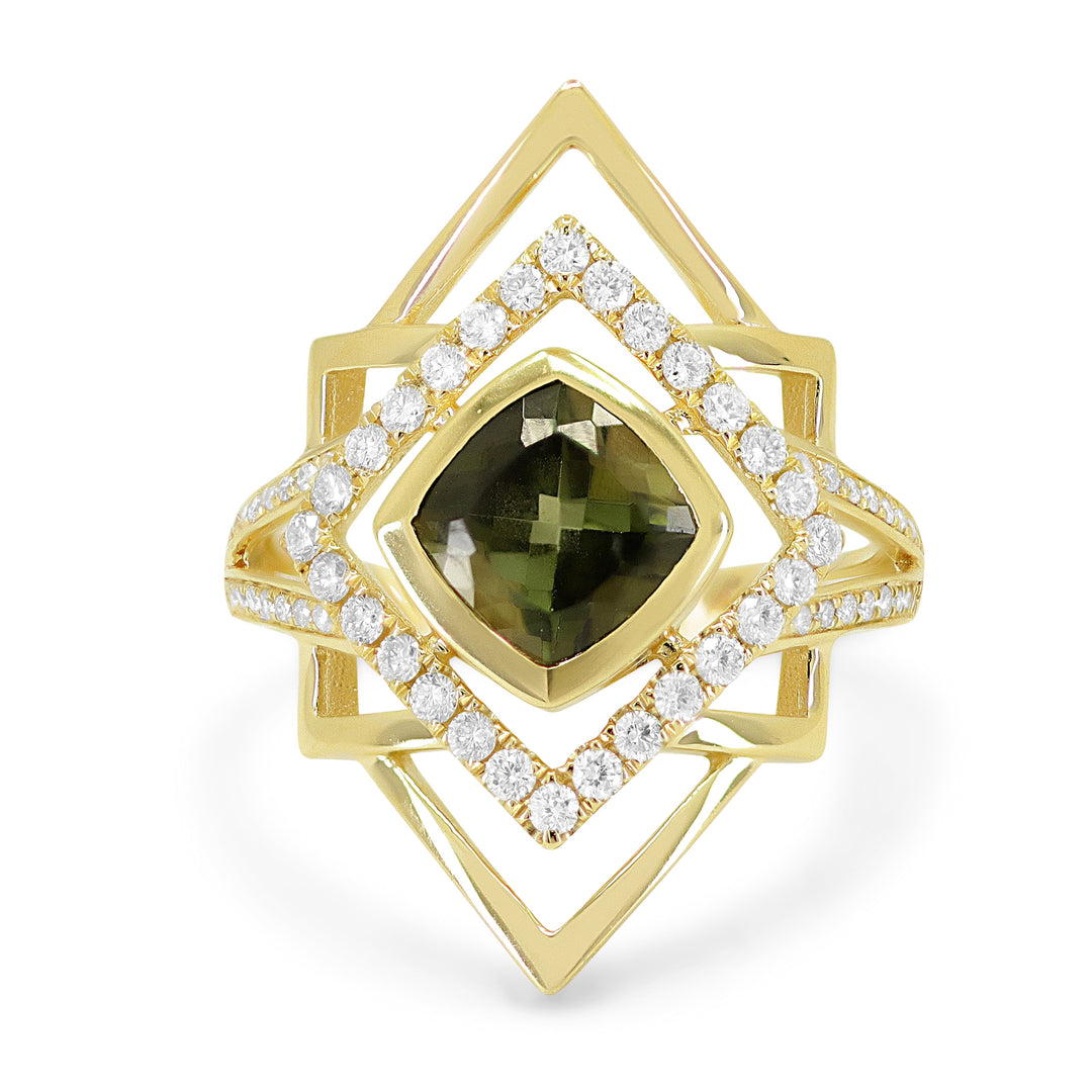 Beautiful Hand Crafted 14K Yellow Gold 7MM Green Tourmaline And Diamond Arianna Collection Ring