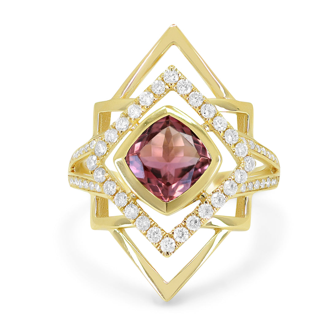 Beautiful Hand Crafted 14K Yellow Gold 7MM Pink Tourmaline And Diamond Arianna Collection Ring