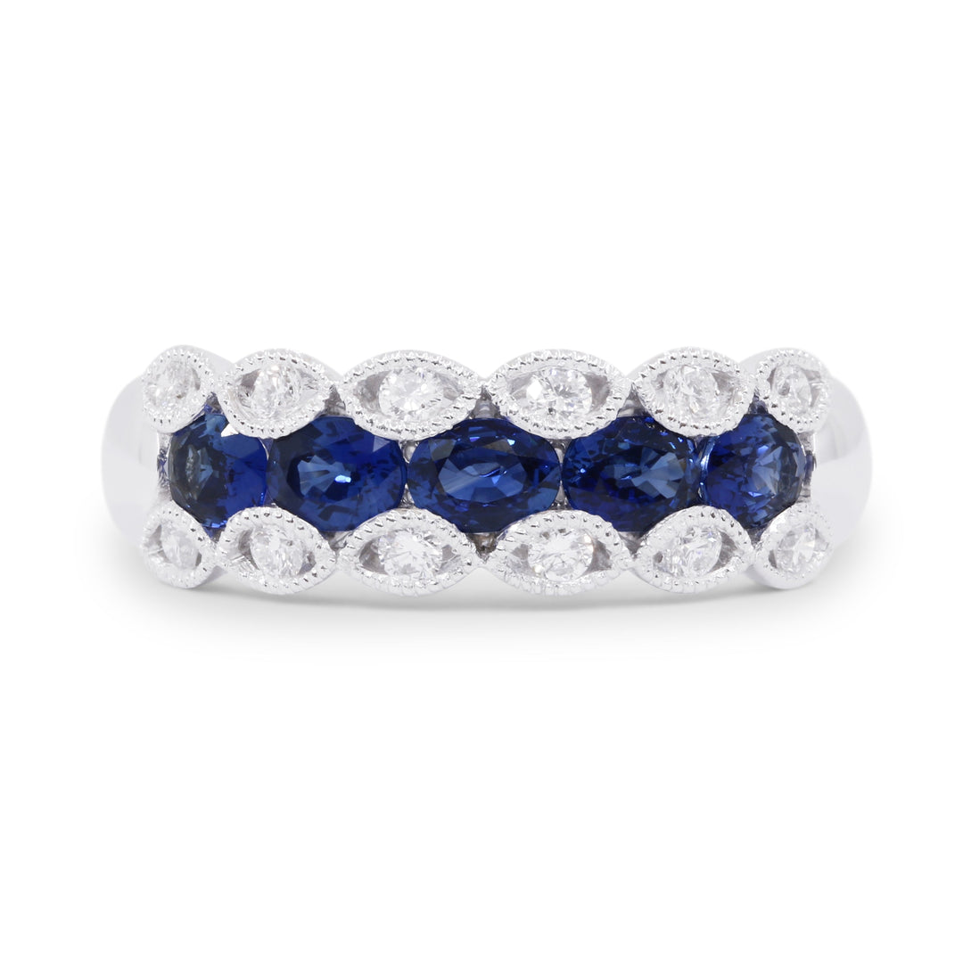Beautiful Hand Crafted 18K White Gold 4x3MM Sapphire And Diamond Arianna Collection Ring
