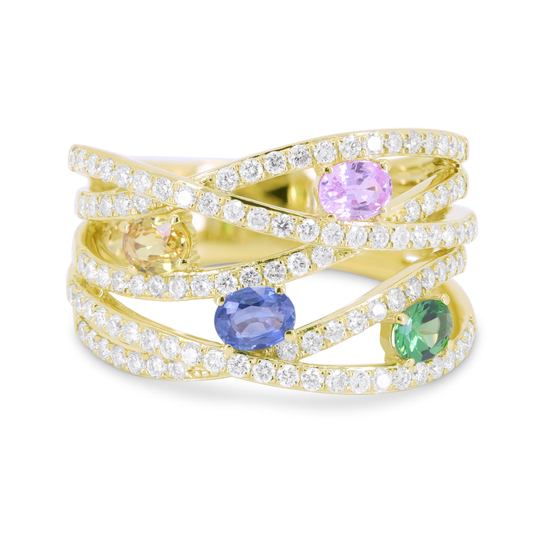 Beautiful Hand Crafted 14K Yellow Gold 4x3MM Multi Colored Sapphire And Diamond Arianna Collection Ring