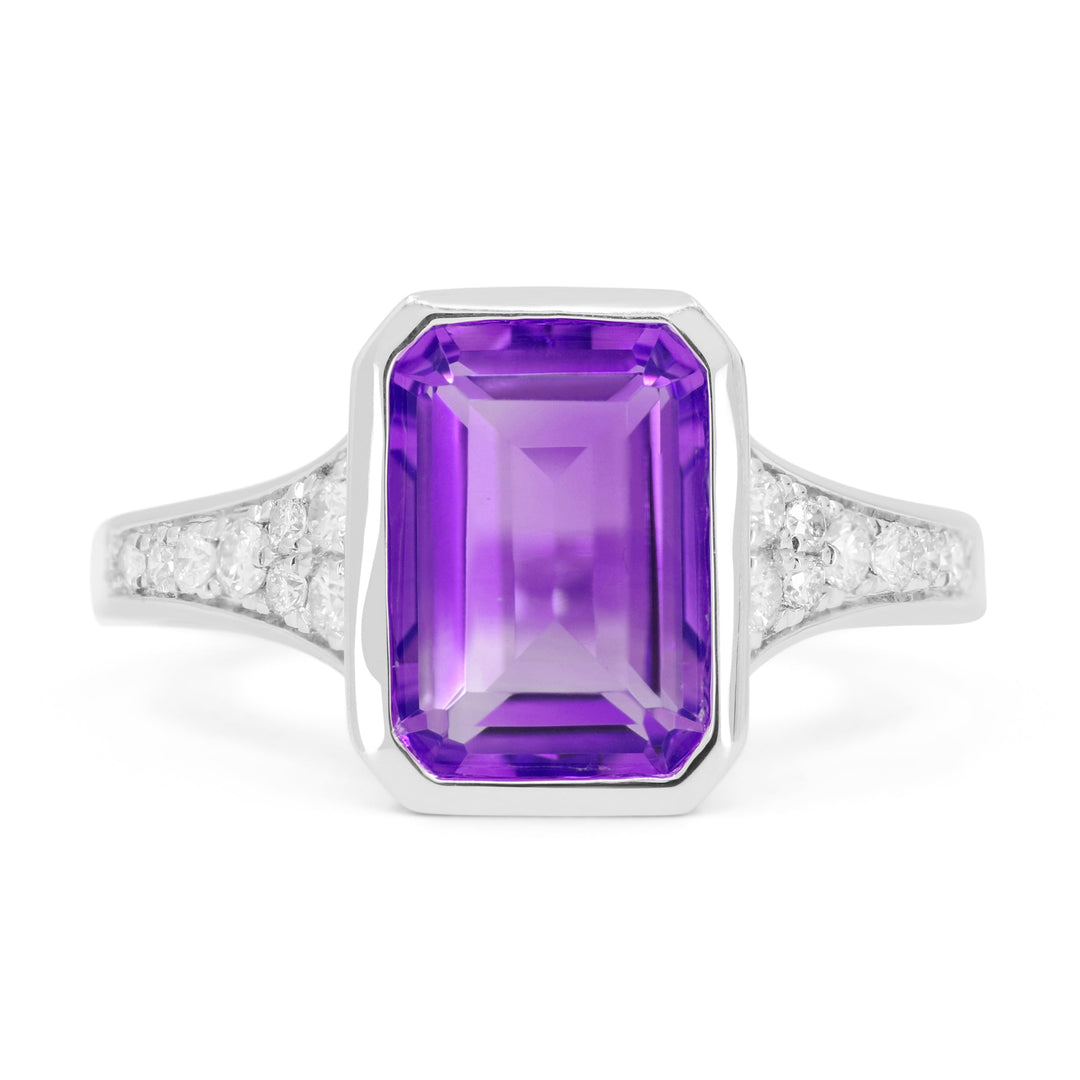 Beautiful Hand Crafted 14K White Gold 7x10MM Amethyst And Diamond Essentials Collection Ring