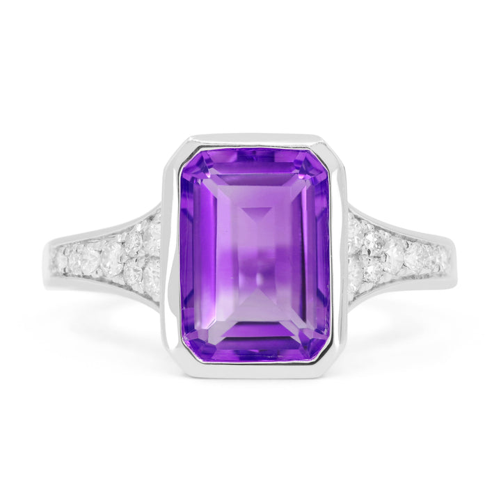 Beautiful Hand Crafted 14K White Gold 7x10MM Amethyst And Diamond Essentials Collection Ring