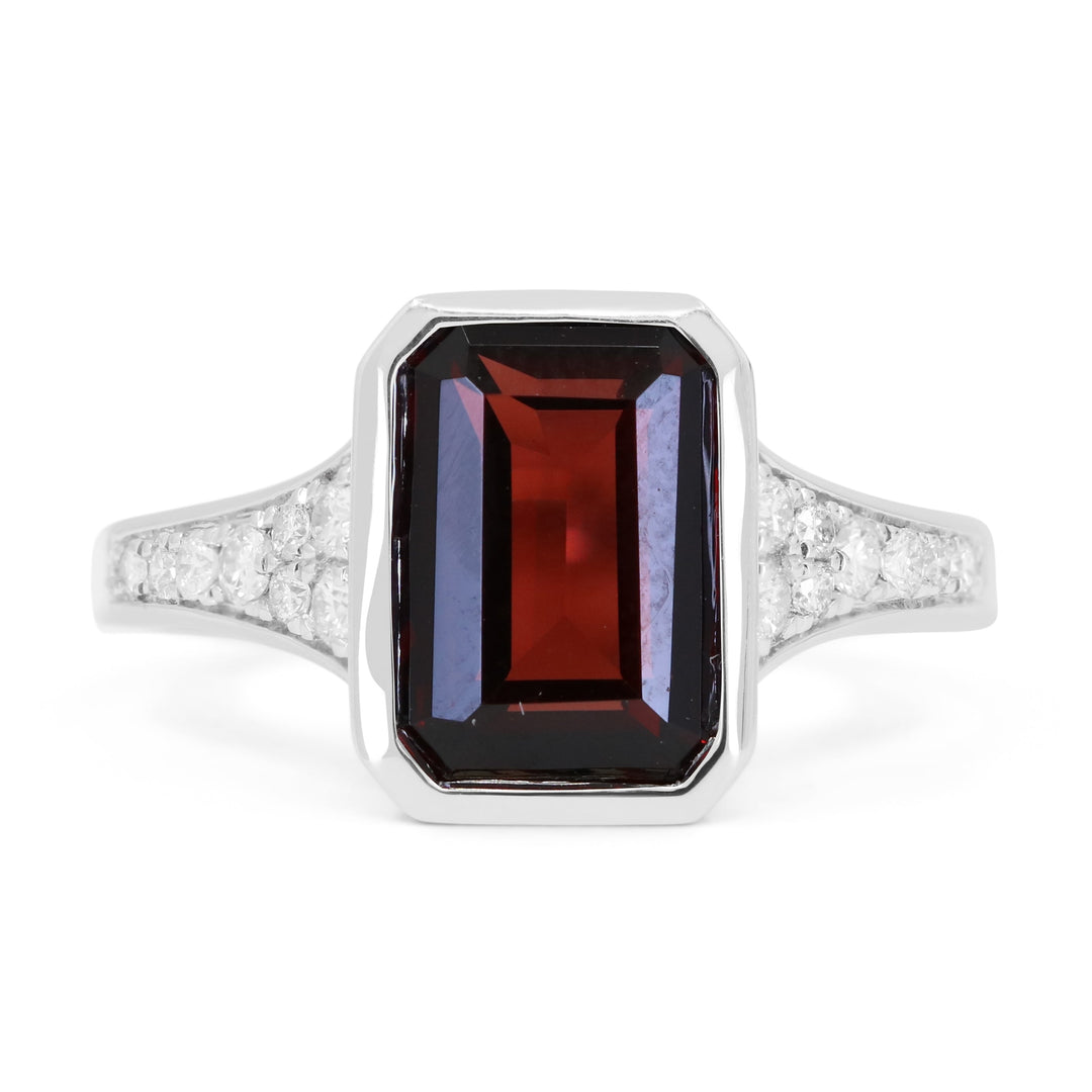 Beautiful Hand Crafted 14K White Gold 7x10MM Garnet And Diamond Essentials Collection Ring