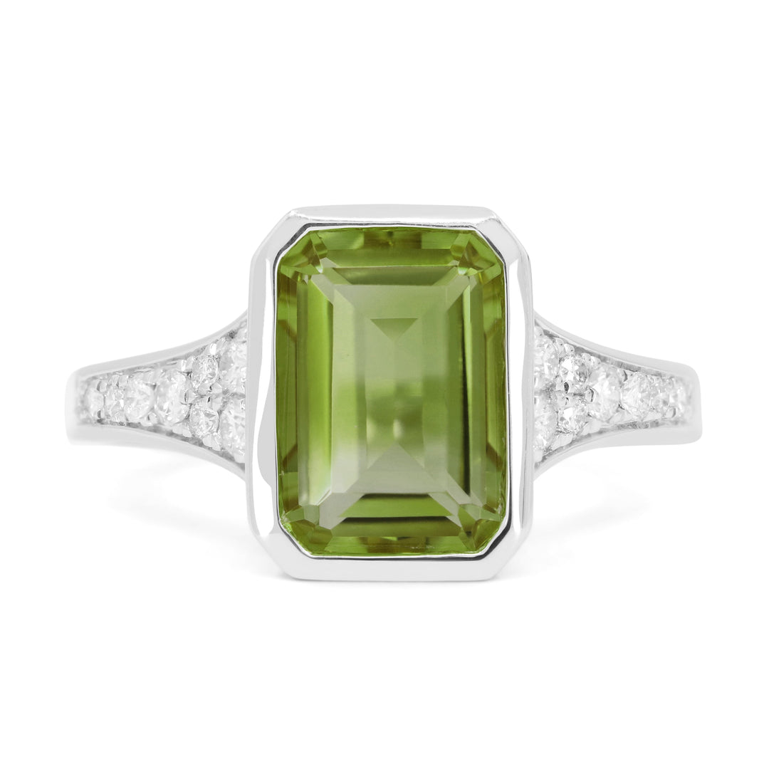 Beautiful Hand Crafted 14K White Gold 7x10MM Green Tourmaline And Diamond Essentials Collection Ring