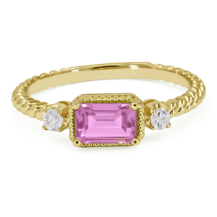 Beautiful Hand Crafted 14K Yellow Gold 4x6MM Created Pink Sapphire And Diamond Essentials Collection Ring