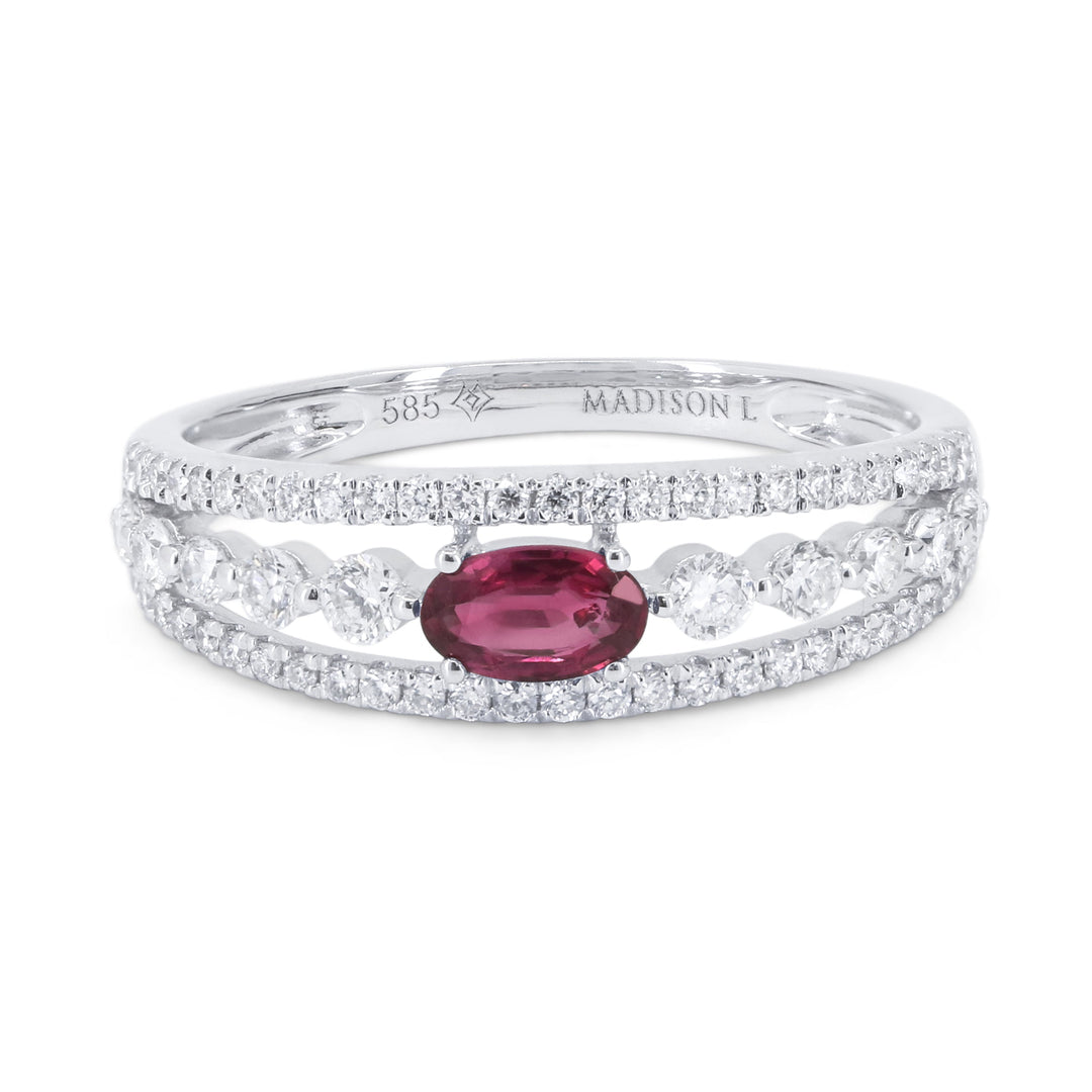 Beautiful Hand Crafted 14K White Gold 3x5MM Ruby And Diamond Arianna Collection Ring