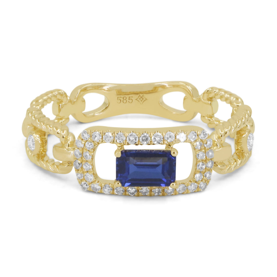 Beautiful Hand Crafted 14K Yellow Gold 3x5MM Created Sapphire And Diamond Essentials Collection Ring
