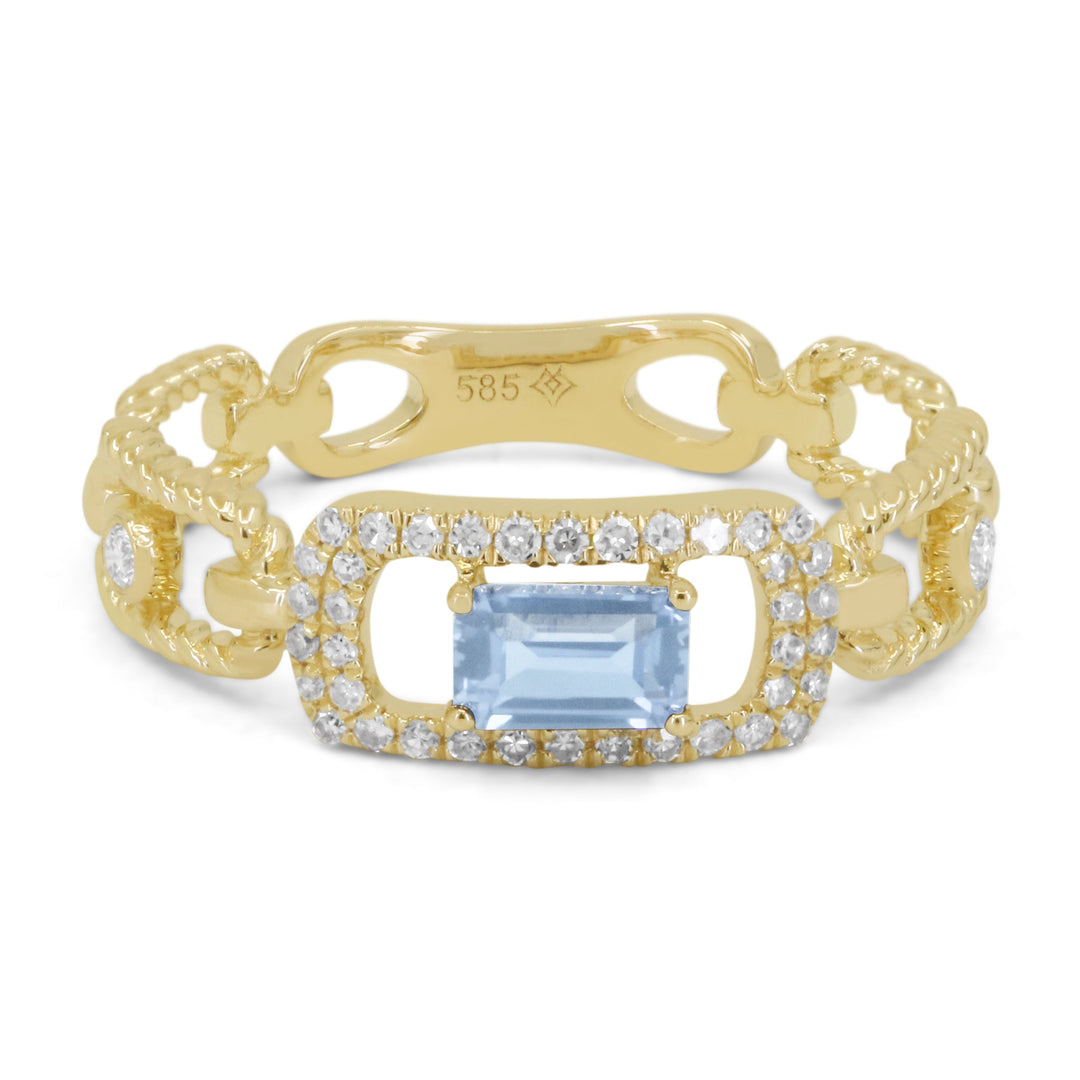 Beautiful Hand Crafted 14K Yellow Gold 3x5MM Blue Topaz And Diamond Essentials Collection Ring