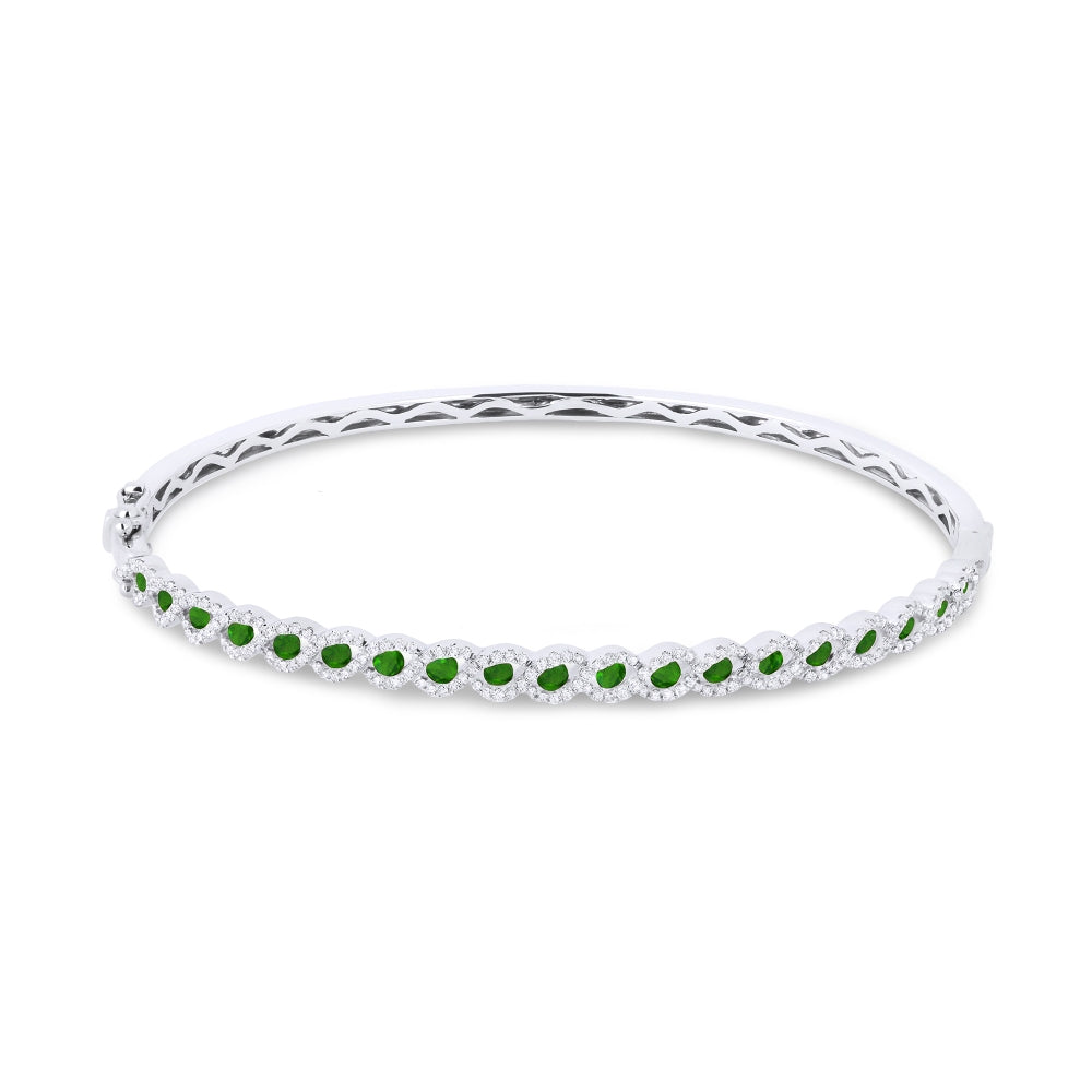 Beautiful Hand Crafted 14K White Gold  Emerald And Diamond Arianna Collection Bangle