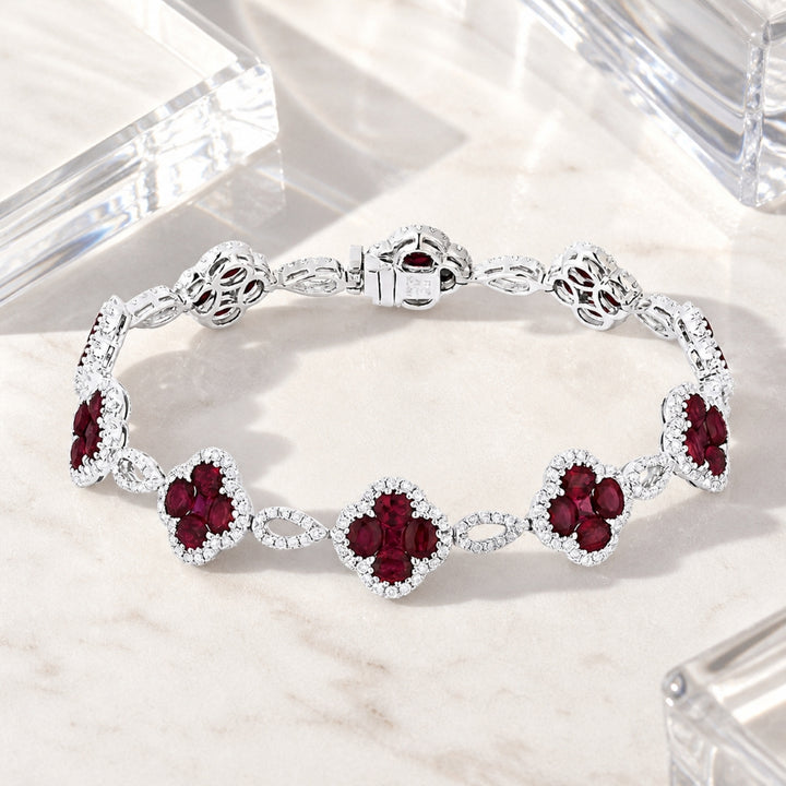 B1065 - 18K White Gold Ruby Clover Bracelet