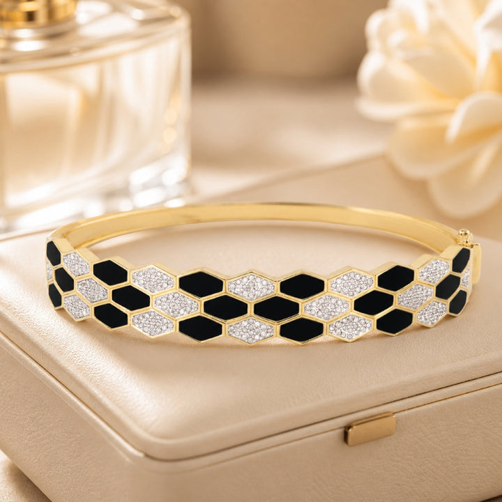 B1114 - 14K Yellow Gold Black Onyx, Mother of Pearl & Turquoise Cocktail Bangle