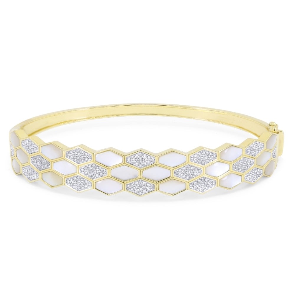 Beautiful Hand Crafted 14K Yellow Gold  Mother Of Pearl And Diamond Milano Collection Bangle