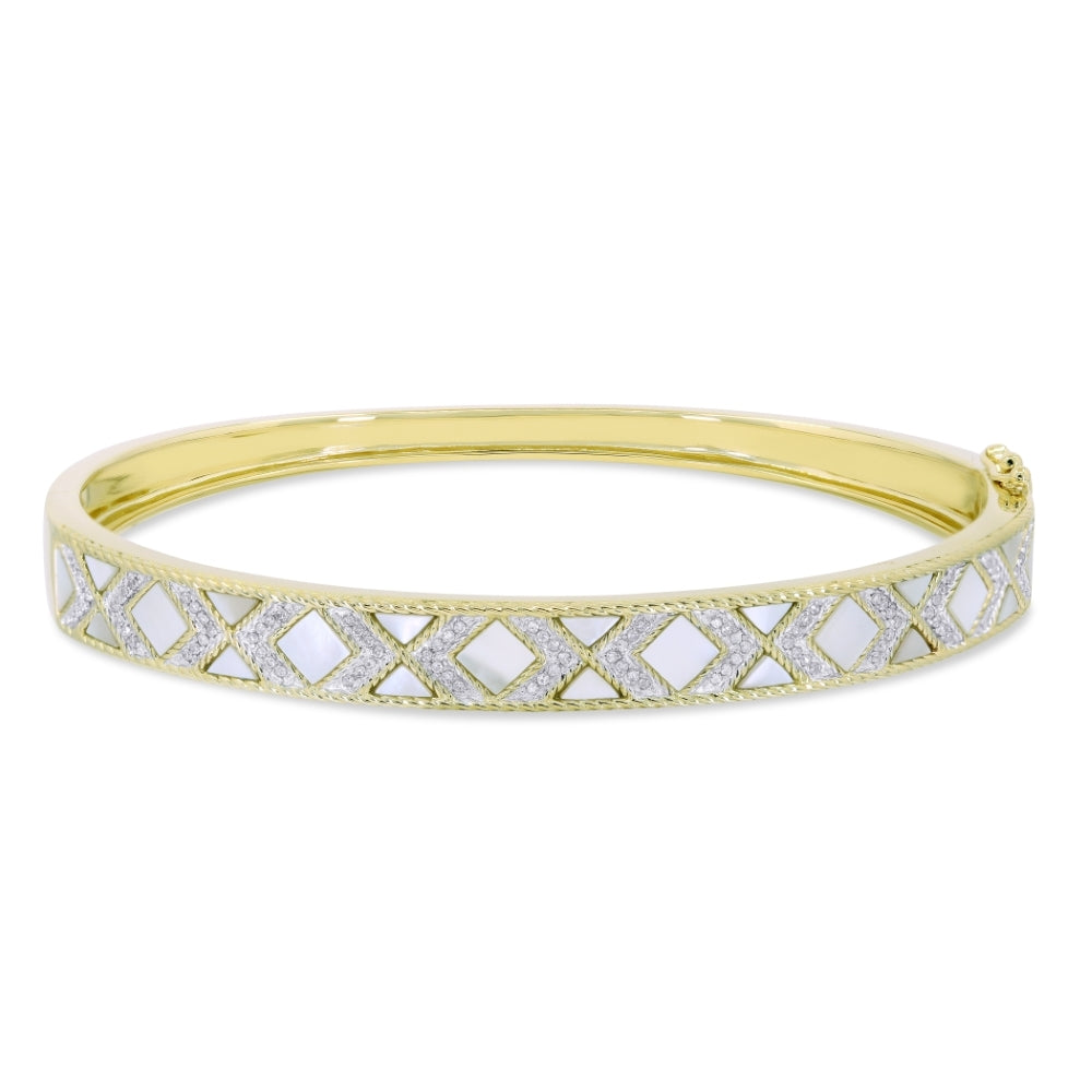 Beautiful Hand Crafted 14K Yellow Gold  Mother Of Pearl And Diamond Milano Collection Bangle