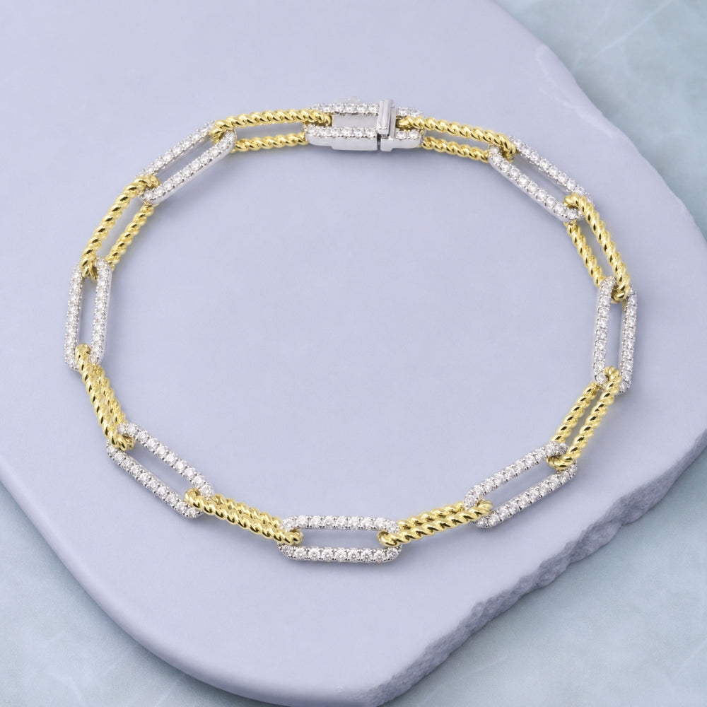 B1147 - 14K Two Tone Gold Diamond Paperclip Bracelet
