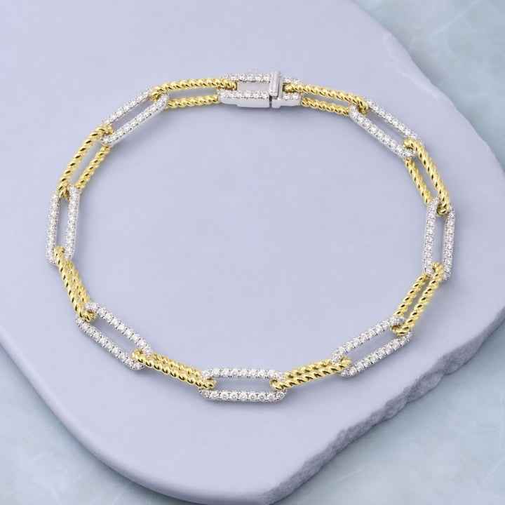 B1147 - 14K Two Tone Gold Diamond Paperclip Bracelet