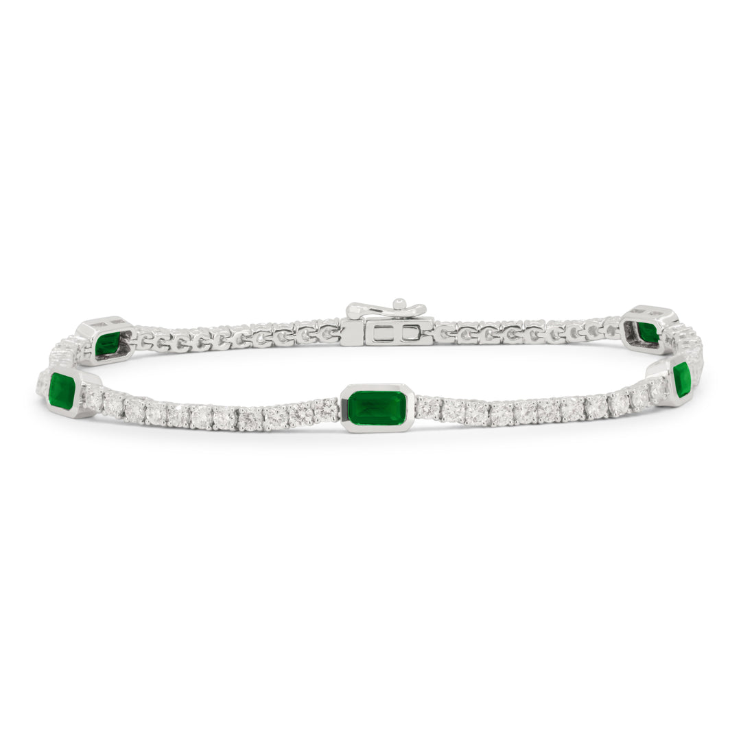 Beautiful Hand Crafted 14K White Gold 3X5MM Emerald And Diamond Arianna Collection Bracelet