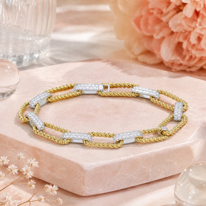 B1213 - 14K Two Tone Gold Diamond Paperclip Bracelet