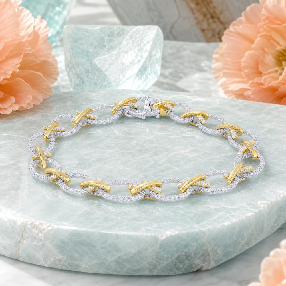 B1218 - 14K Two Tone Gold Diamond Paperclip Bracelet