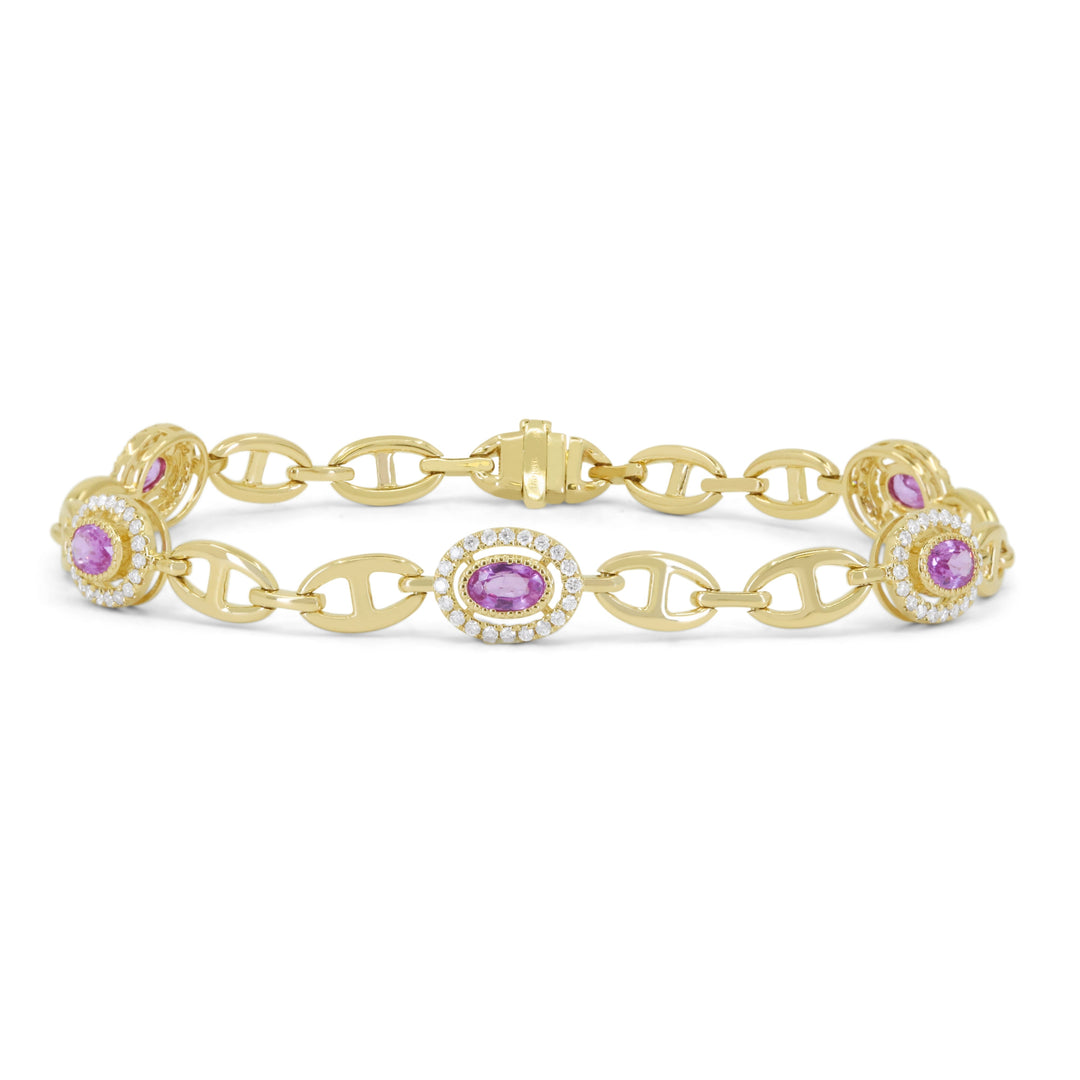 Beautiful Hand Crafted 14K Yellow Gold 3X5MM Pink Sapphire And Diamond Arianna Collection Bracelet