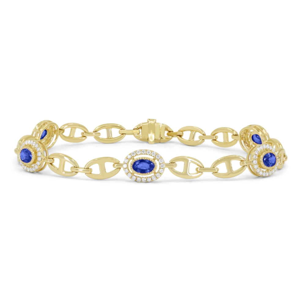 Beautiful Hand Crafted 14K Yellow Gold 3X5MM Sapphire And Diamond Arianna Collection Bracelet