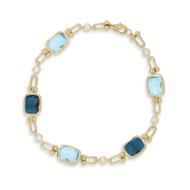 Beautiful Hand Crafted 14K Yellow Gold 6X8MM Blue Topaz & London Blue Topaz And Diamond Essentials Collection Bracelet