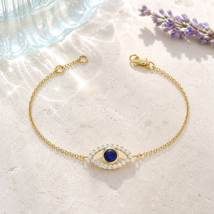 B1256 - 14K Gold Created Sapphire Evil Eye Bracelet