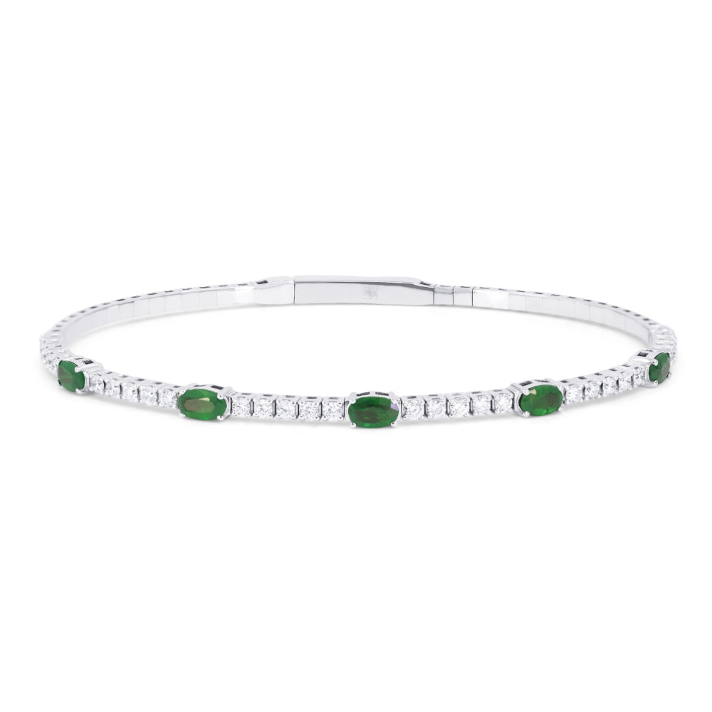 Beautiful Hand Crafted 14K White Gold 3X5MM Emerald And Diamond Arianna Collection Bangle