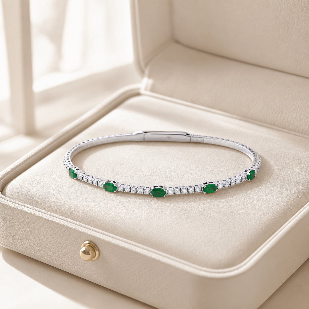 B1268 - 14K White Gold Emerald, Ruby & Sapphire Bangle