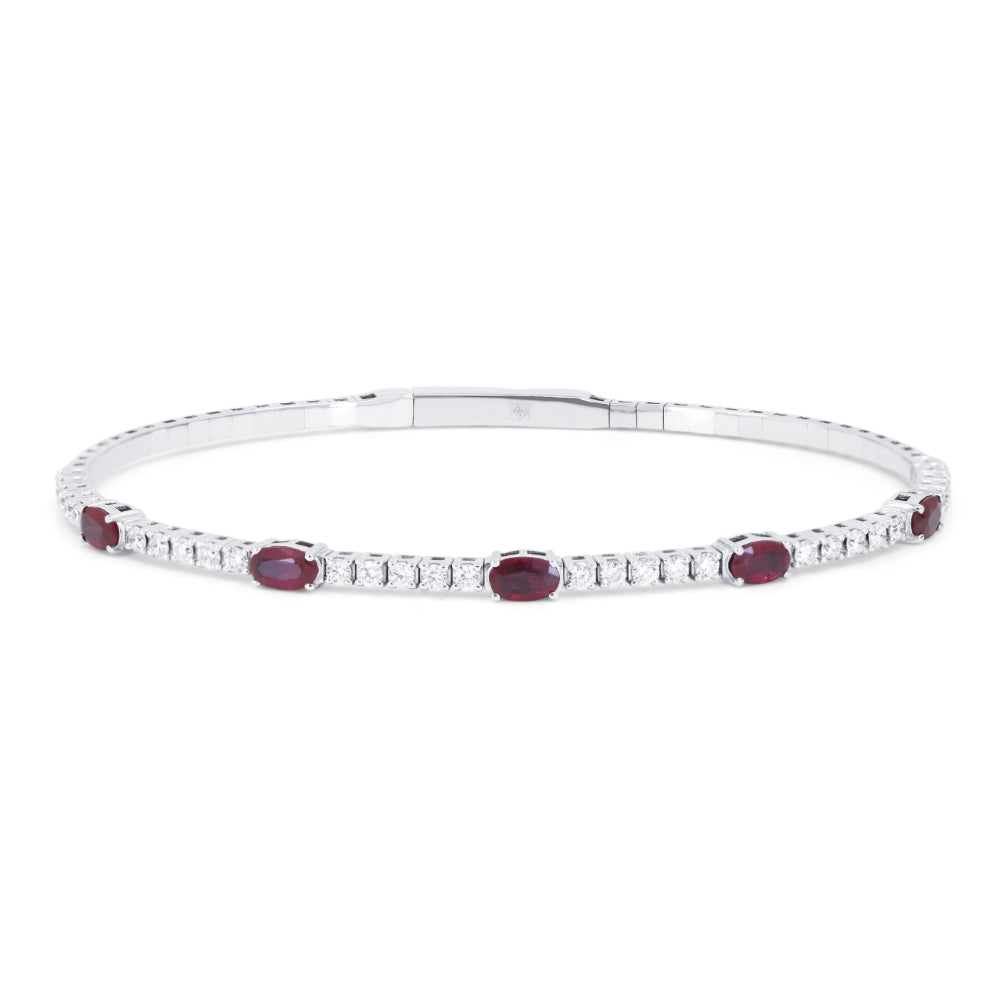 Beautiful Hand Crafted 14K White Gold 3X5MM Ruby And Diamond Arianna Collection Bangle