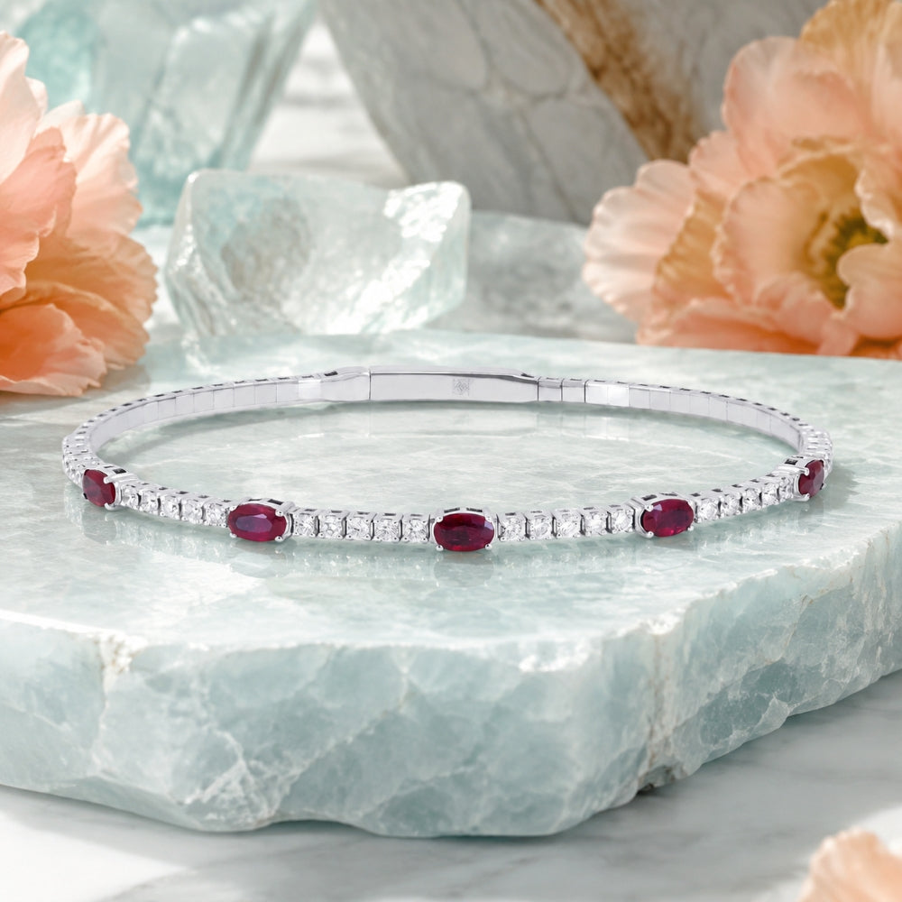 B1268 - 14K White Gold Emerald, Ruby & Sapphire Bangle