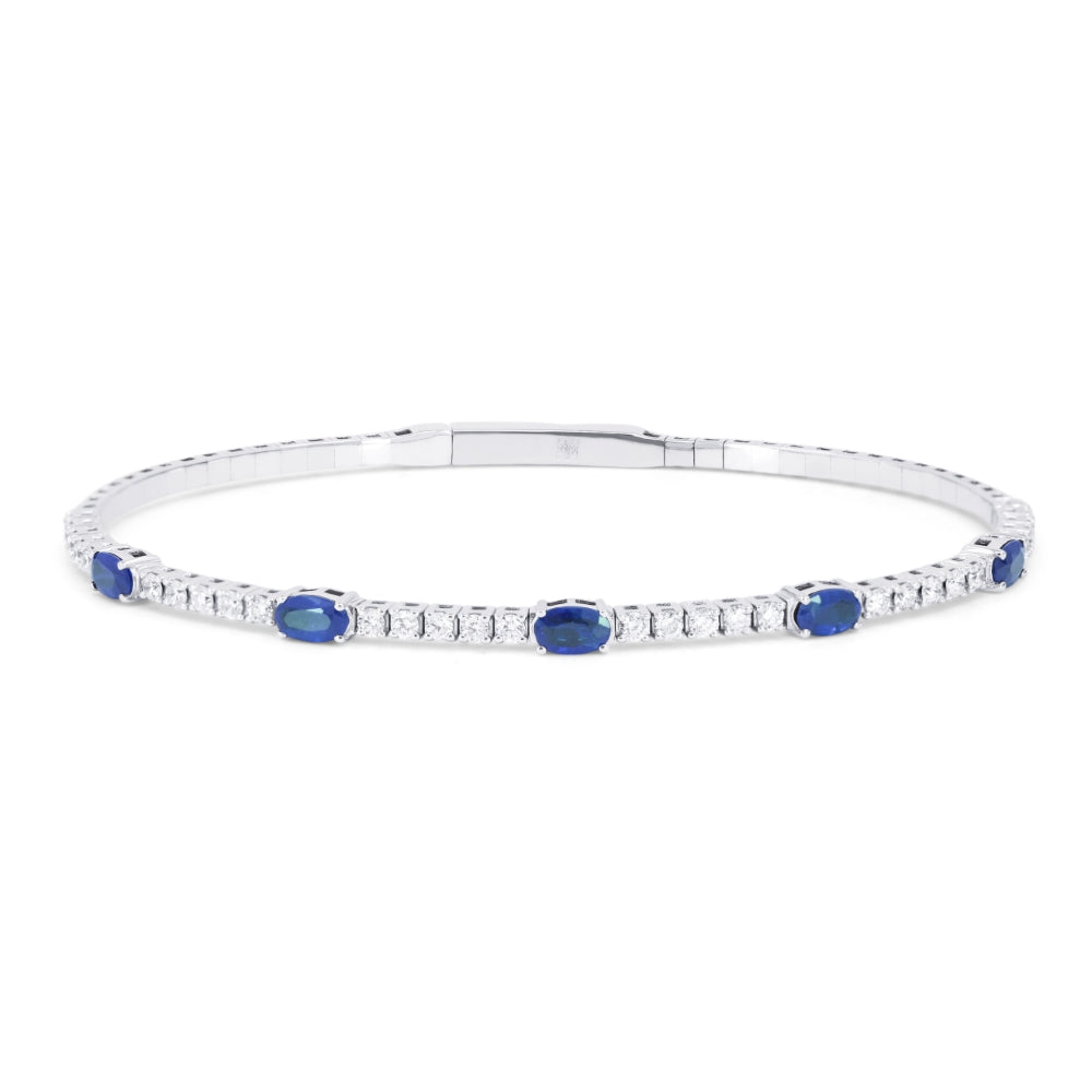 Beautiful Hand Crafted 14K White Gold 3X5MM Sapphire And Diamond Arianna Collection Bangle