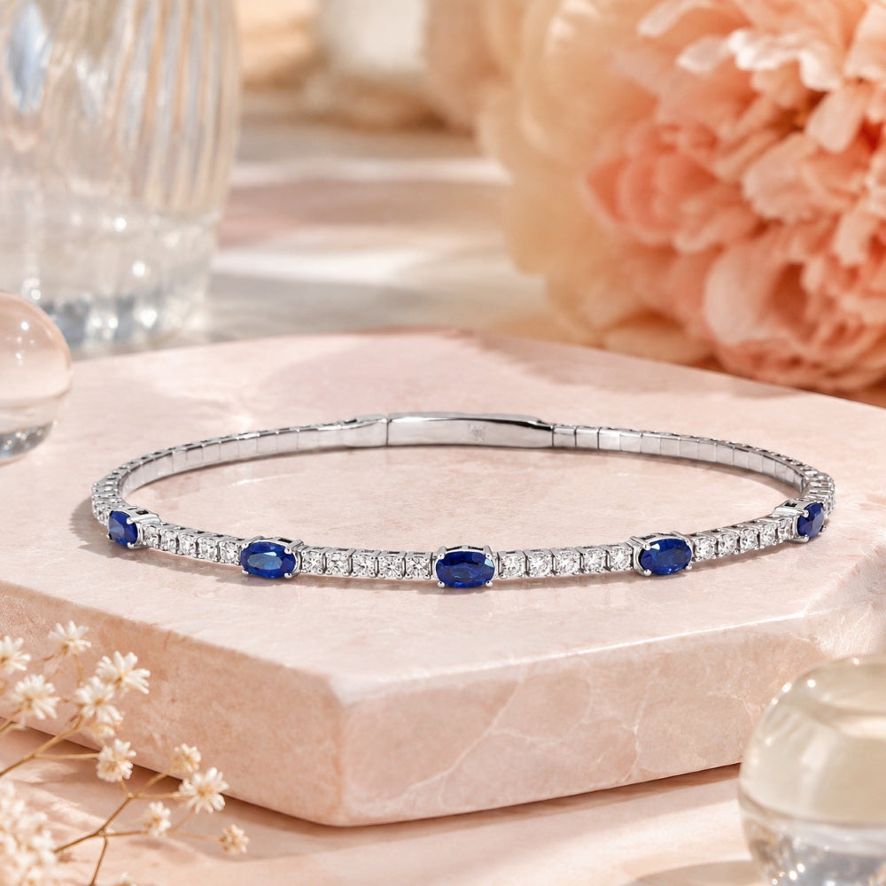 B1268 - 14K White Gold Emerald, Ruby & Sapphire Bangle