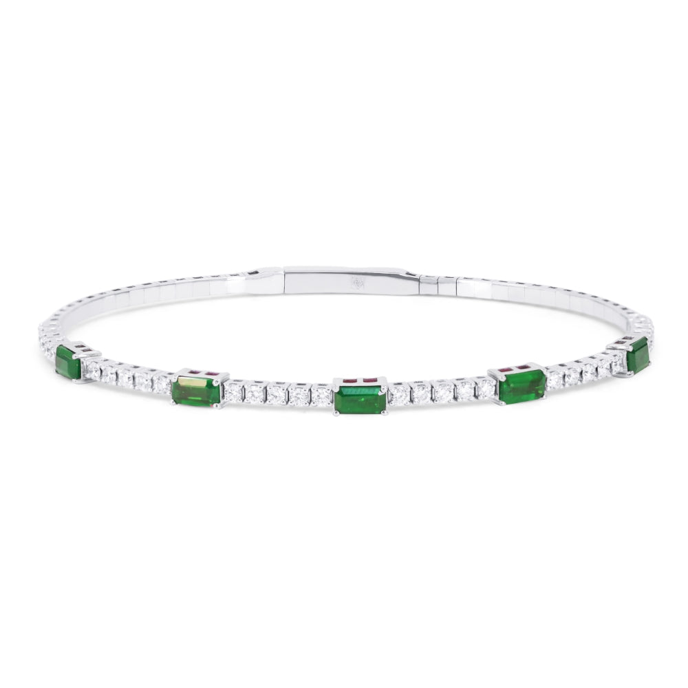 Beautiful Hand Crafted 14K White Gold 3X5MM Emerald And Diamond Arianna Collection Bangle