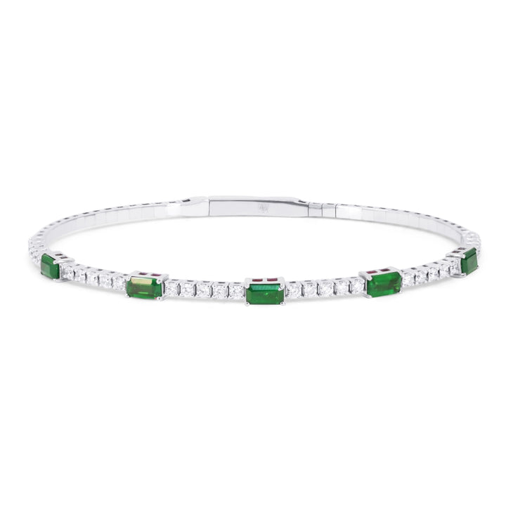 Beautiful Hand Crafted 14K White Gold 3X5MM Emerald And Diamond Arianna Collection Bangle