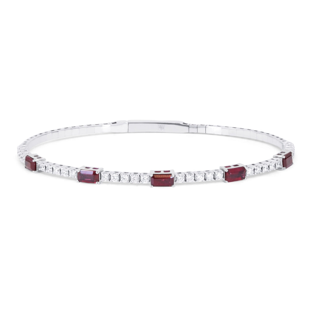 Beautiful Hand Crafted 14K White Gold 3X5MM Ruby And Diamond Arianna Collection Bangle