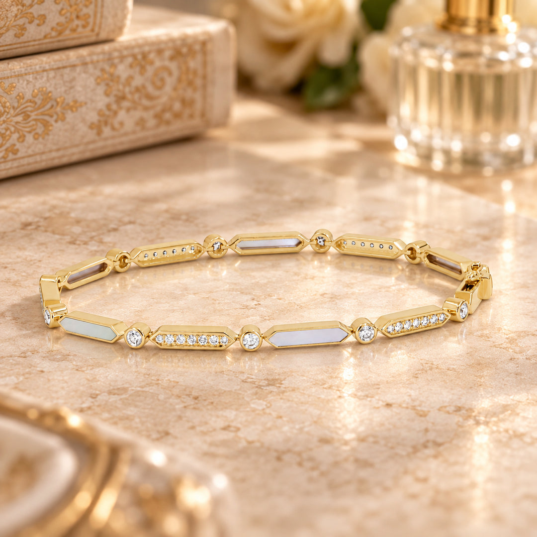 B1286 - 14K Yellow Gold Mother of Pearl & Turquoise Bracelet