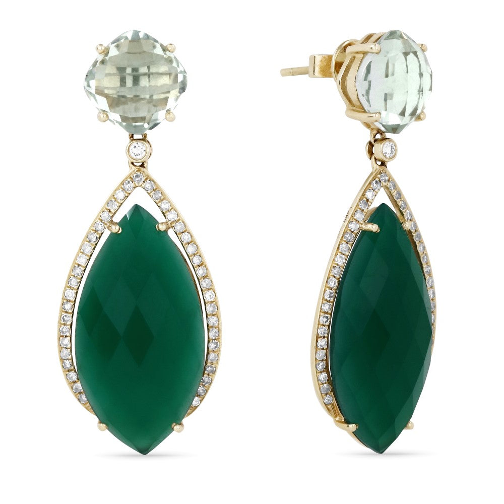 Beautiful Hand Crafted 14K Yellow Gold  Green Agate And Diamond Eclectica Collection Drop Dangle Earrings With A Push Back Closure