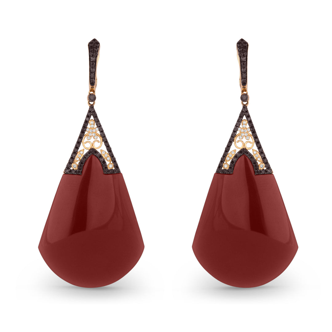 Beautiful Hand Crafted 14K Yellow Gold  Red Agate And Diamond Eclectica Collection Drop Dangle Earrings With A Lever Back Closure