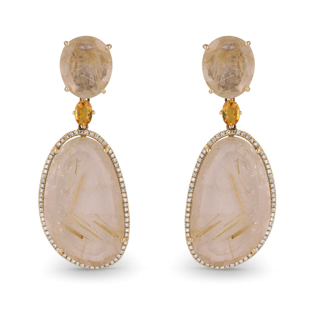 Beautiful Hand Crafted 14K Yellow Gold  Rose Quartz And Diamond Eclectica Collection Drop Dangle Earrings With A Omega Back Closure