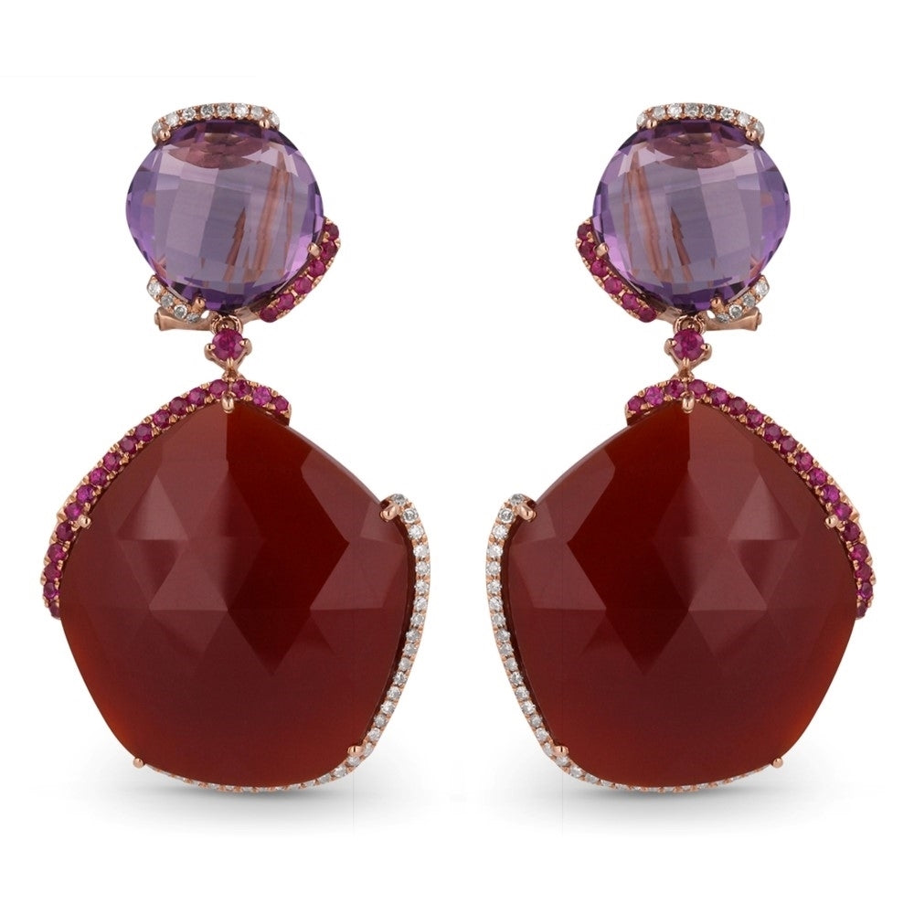 Beautiful Hand Crafted 14K Rose Gold  Red Agate And Diamond Eclectica Collection Drop Dangle Earrings With A Lever Back Closure