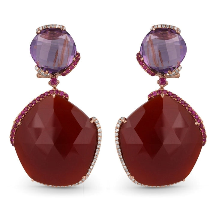 Beautiful Hand Crafted 14K Rose Gold  Red Agate And Diamond Eclectica Collection Drop Dangle Earrings With A Lever Back Closure