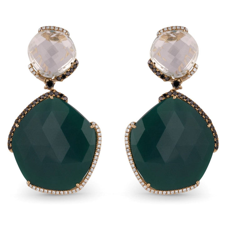 Beautiful Hand Crafted 14K Yellow Gold  Green Agate And Diamond Eclectica Collection Drop Dangle Earrings With A Lever Back Closure