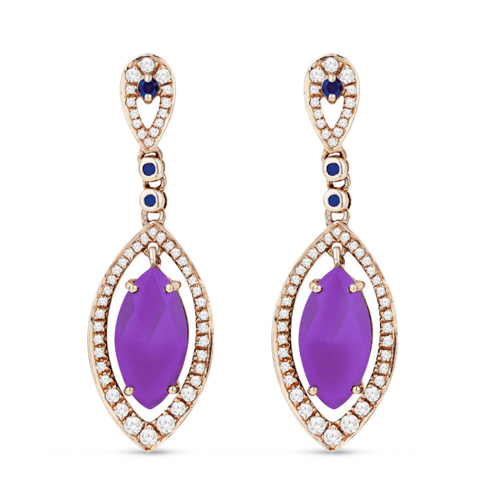 Beautiful Hand Crafted 14K Rose Gold  Purple Jade And Diamond Eclectica Collection Drop Dangle Earrings With A Lever Back Closure