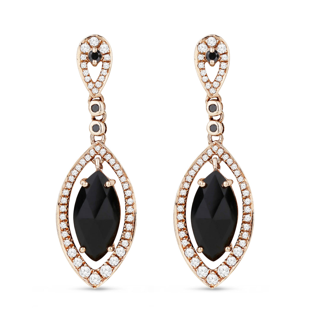 Beautiful Hand Crafted 14K Rose Gold  Black Onyx And Diamond Eclectica Collection Drop Dangle Earrings With A Lever Back Closure