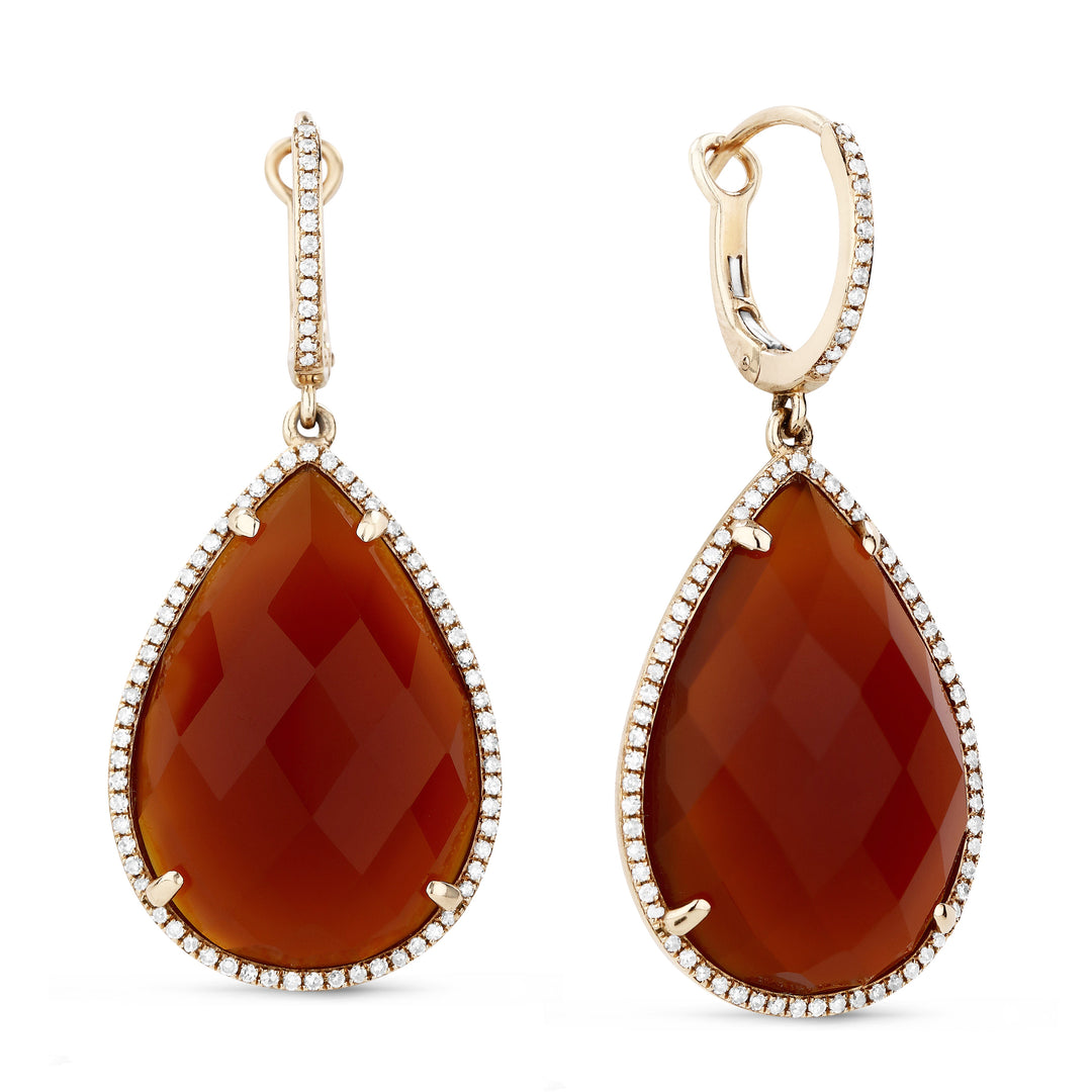 Beautiful Hand Crafted 14K Rose Gold  Red Agate And Diamond Eclectica Collection Drop Dangle Earrings With A Lever Back Closure