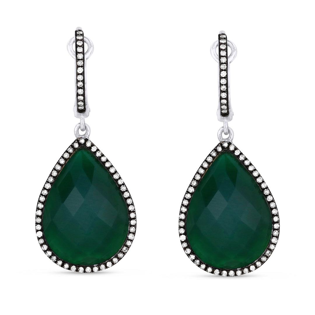 Beautiful Hand Crafted 14K White Gold  Green Agate And Diamond Eclectica Collection Drop Dangle Earrings With A Lever Back Closure
