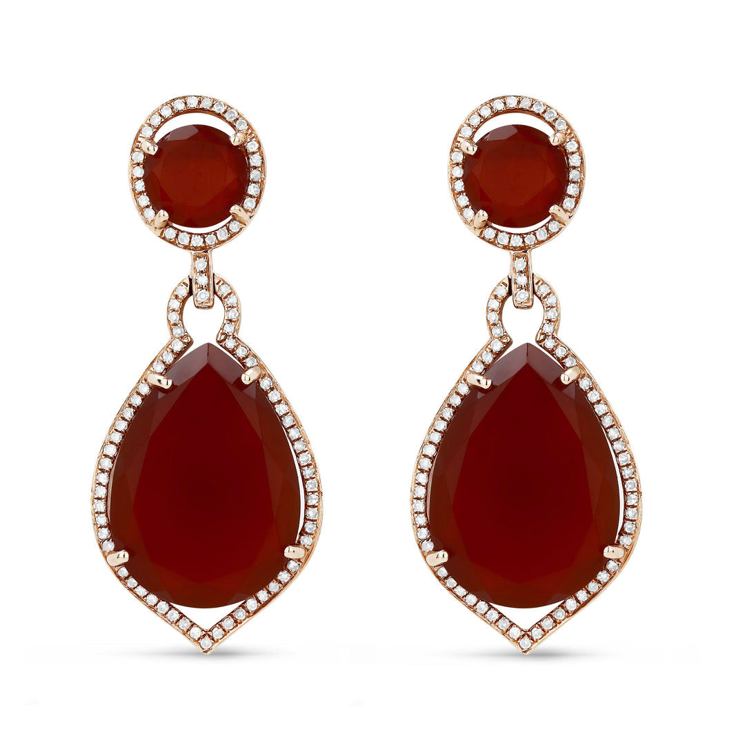 Beautiful Hand Crafted 14K Rose Gold  Red Agate And Diamond Eclectica Collection Drop Dangle Earrings With A Lever Back Closure