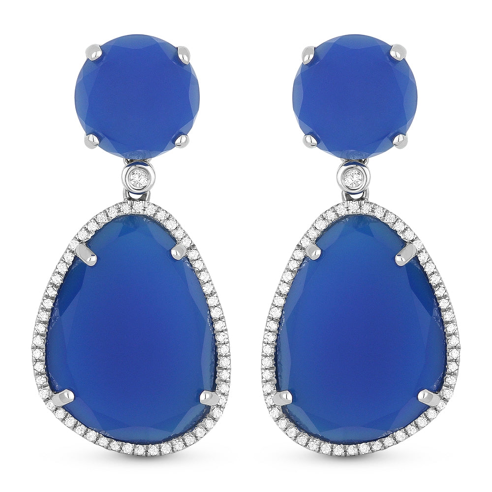 Beautiful Hand Crafted 14K White Gold  Blue Agate And Diamond Eclectica Collection Drop Dangle Earrings With A Lever Back Closure