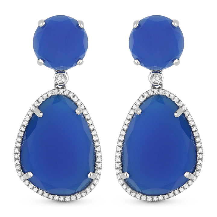 Beautiful Hand Crafted 14K White Gold  Blue Agate And Diamond Eclectica Collection Drop Dangle Earrings With A Lever Back Closure