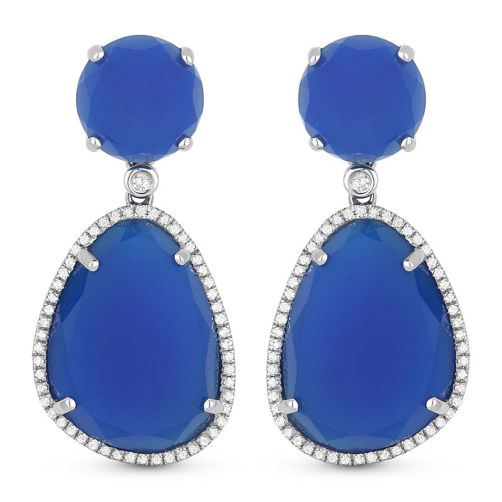 Beautiful Hand Crafted 14K White Gold  Blue Agate And Diamond Eclectica Collection Drop Dangle Earrings With A Lever Back Closure